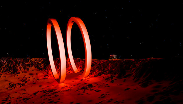 3D render of glowing rings on a Martian landscape under a starry sky