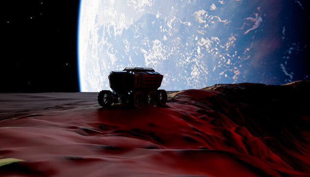 3D render of a rover on Mars with Earth in the background