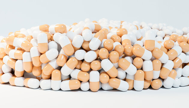 3D render of a pile of orange and white capsules representing medicine and pharmacy