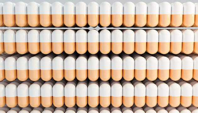 3D render of stacked white and orange capsules in a pharmacy setting