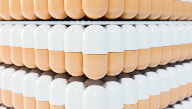 3D render of stacked beige and white capsules in a pharmacy setting