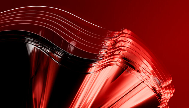 Abstract 3D render with red and black curved lines