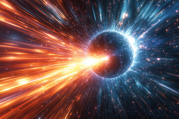 Naklejka premium An illustration of space travel at the speed of light, characterized by bright streaks and a deep space background, highlighting the advanced technology