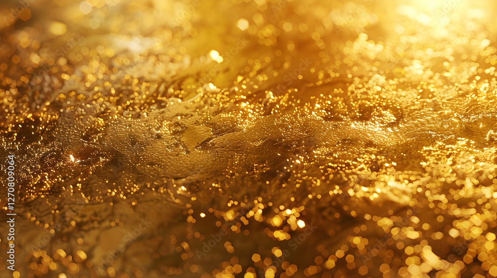 Poster glimmering golden surface with shimmering particles, creating a luxurious and vibrant atmosphere
