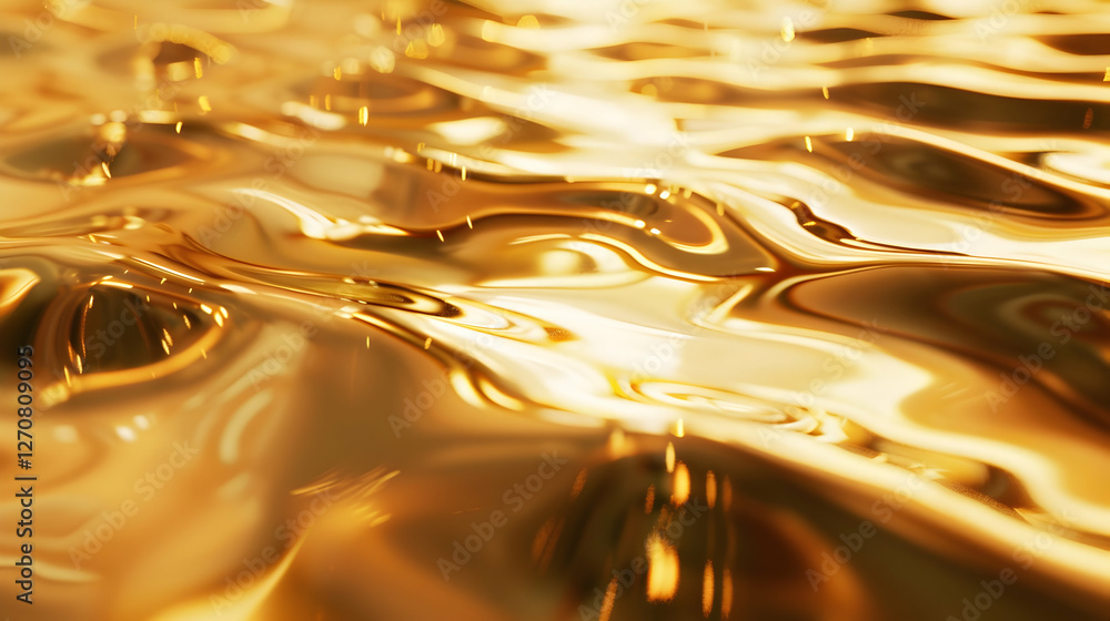 Poster glimmering golden liquid surface reflecting light, creating mesmerizing patterns and textures