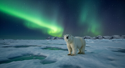 A majestic polar bear standing on a vast expanse of Arctic ice, with snow-covered mountains in the background and the soft glow of the northern lights illuminating the sky.