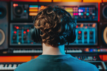 Back view of man wearing headphones in vibrant studio with colorful equipment backgrounds