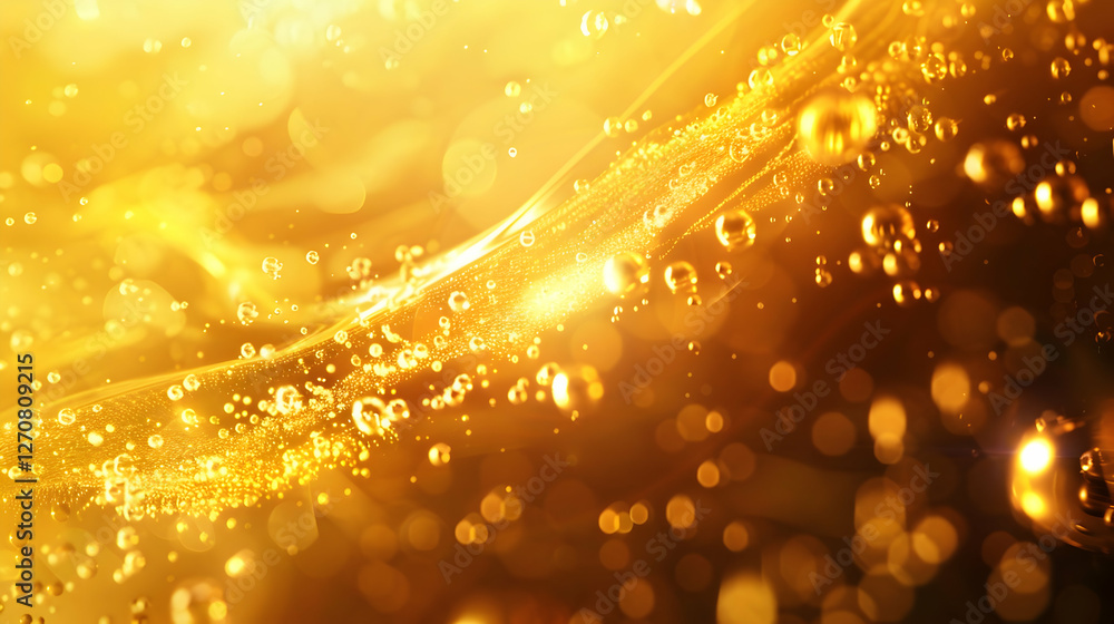 Poster golden bubbles and shimmering light create an ethereal atmosphere in a vibrant background