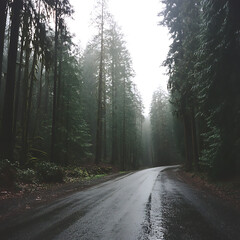 Obraz premium Road Trip Through the Evergreen Forest on a Rainy Day with Dense Vegetation and Mist in the Air