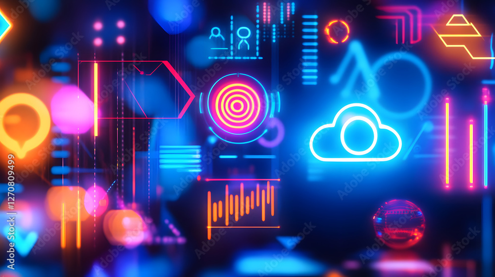 Poster digital futuristic visuals showcasing high-tech innovations and concepts in a colorful cyber environ
