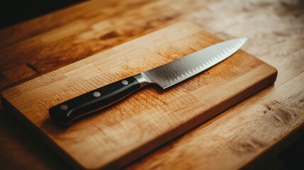 Kitchen knife on wooden cutting board.  Recipe prep, cooking background