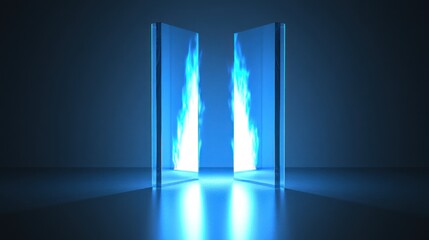 Blue fire portal, dark room, glowing entrance, fantasy scene, digital art, website banner