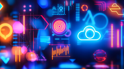 Digital Futuristic Visuals Showcasing High-Tech Innovations and Concepts in a Colorful Cyber Environment