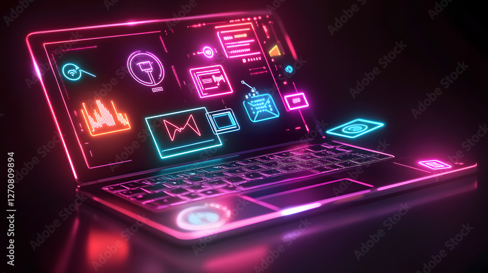 Poster digital futuristic laptop interface displays high-tech analytics in a modern workspace futuristic en