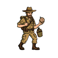 Fototapeta premium Cartoon Adventurer With Compass and Gear in Explorers Outfit