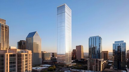 Obraz premium Modern Glass Skyscraper in City at Sunrise
