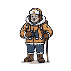 Cartoon Explorer Preparing for a Winter Adventure with Gear and Warm Clothing