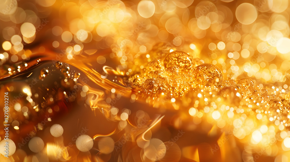 Poster close-up of shimmering golden liquid with bubbles and reflections creating a magical atmosphere
