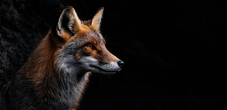 Red fox looking sideways on a black background