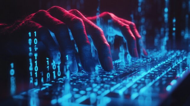 Hacker typing binary code, dark background, digital rain effect, cybersecurity concept