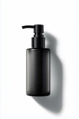 Fototapeta premium Elegant amber glass pump bottle for skincare or cosmetics, captured in soft lighting against a neutral background.