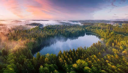 Obraz premium Aerial views reveal misty lake magic. 