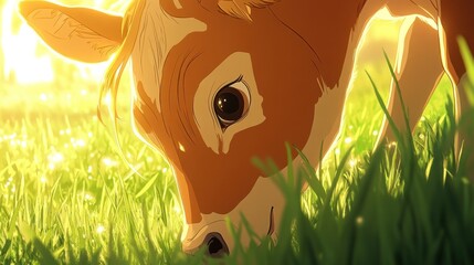 Calf grazing in sunlit pasture, idyllic rural scene, perfect for children's books