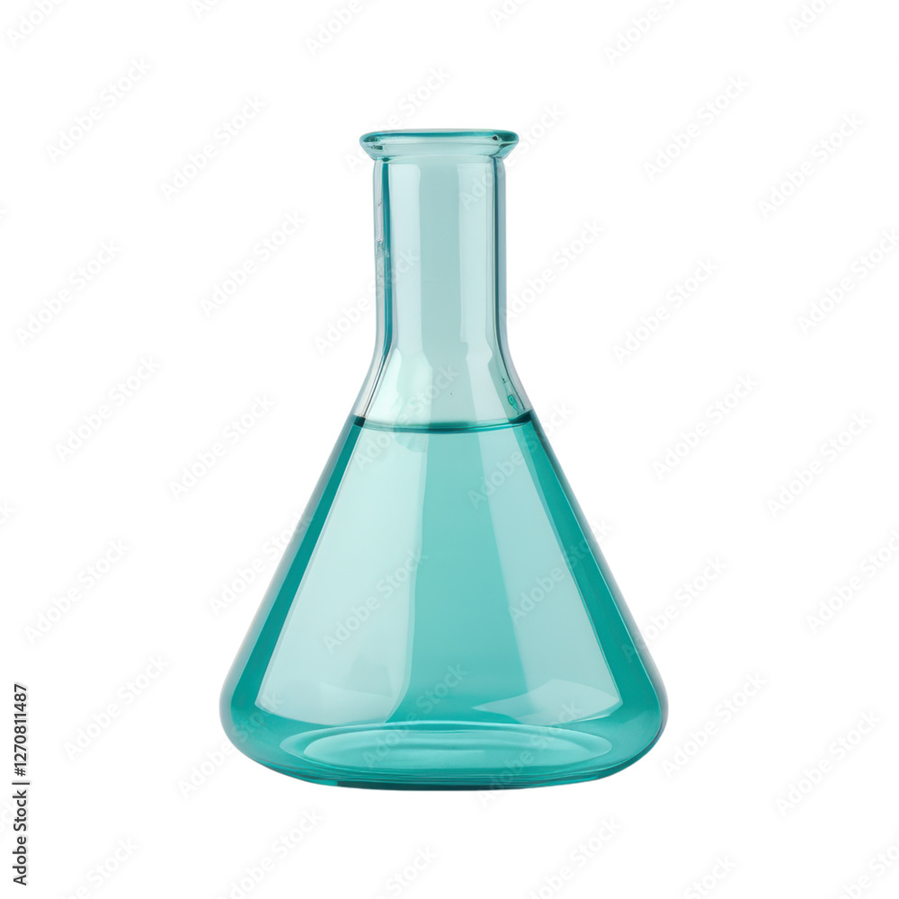 Poster laboratory flask with turquoise liquid on transparent background
