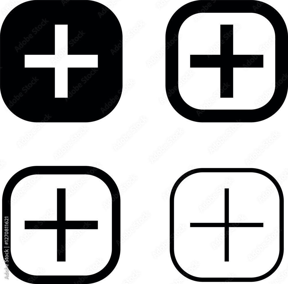 Poster add, new, plus icon symbol - create icons, more button in filled, thin line, outline and stroke styl
