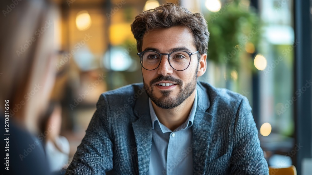 Poster man with glasses sitting at a table discussing funding proposal with startup team members