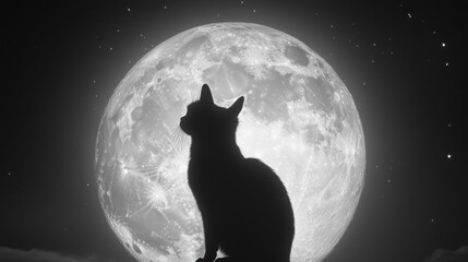 Black cat silhouette, full moon, night sky, mystical scene, Halloween