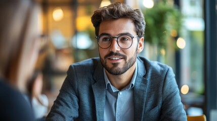 Obraz premium Man with glasses sitting at a table discussing funding proposal with startup team members