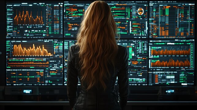 Person analyzing data on digital screens.