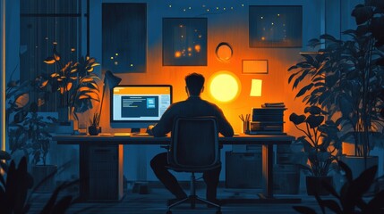 Fototapeta premium Man working late at night at desk with computer in dimly lit office environment