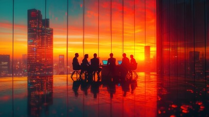 Silhouettes of business team at sunset gathered around table discussing project ideas and strategies