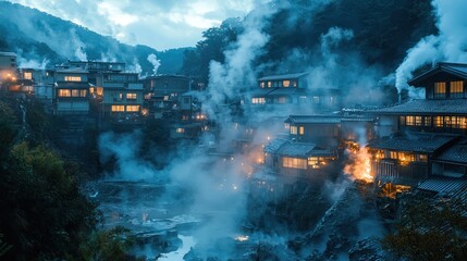 Picturesque landscape showing a misty village with illuminated windows