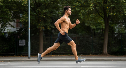 Fototapeta premium Sport runner. Man running. Fit male sport fitness model sprinting outdoors. Attractive man running fast, workout outdoors, runner jogging over american street.