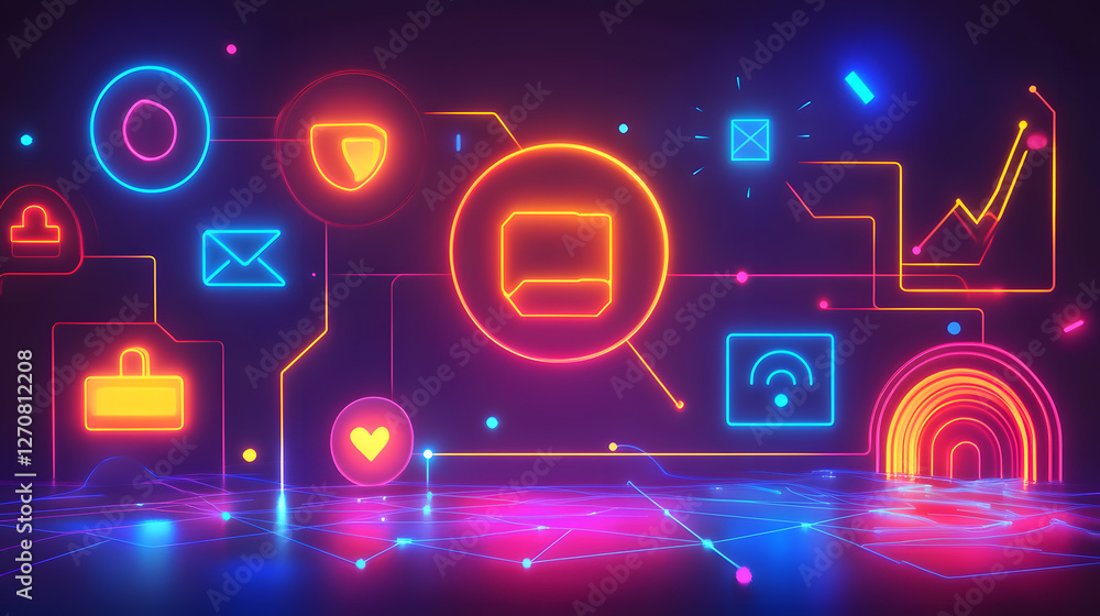 Poster digital futuristic interface design showcasing high-tech connectivity virtual environment neon aesth