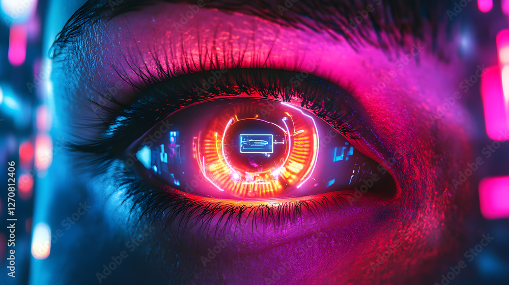 Poster futuristic eye technology digital realm high-tech visuals neon environment close-up view advanced co