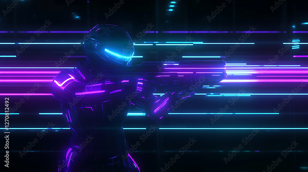 Poster Sci Fi Warrior Character Armed with Futuristic Weapon in a Cyberpunk World Environment Scene