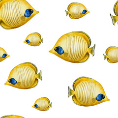 Fototapeta premium Butterflyfish seamless pattern. Colorful tropical fish. Watercolor hand drawn illustration isolated on background. For designers, postcards, greetings, birthday, calendar, wallpapers, wrapping paper,