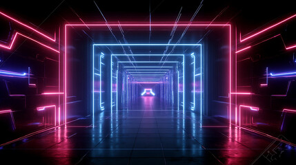 Sci-Fi Tunnel with Geometric Neon Lights and Dark Tiled Floor Reflecting Light in Futuristic Style