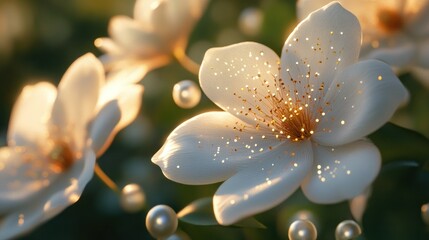 Fototapeta premium White flowers sunset garden pearls