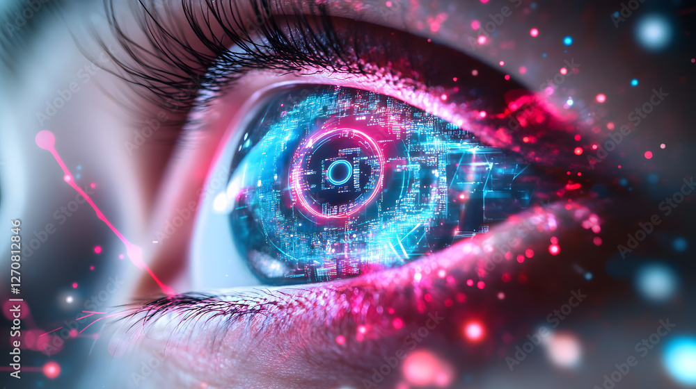 Poster futuristic digital eye technology virtual reality lab visual art high-tech environment close-up view