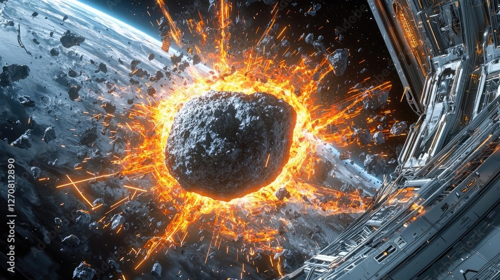 Poster asteroid impact concept. a spectacular view of an asteroid impacting in a cosmic explosion in deep s