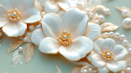Fototapeta premium Elegant white flowers, pearls, gold leaves, pastel background; ideal for luxury wedding invitations