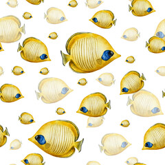 Butterflyfish seamless pattern. Colorful tropical fish. Watercolor hand drawn illustration isolated on background. For designers, postcards, greetings, birthday, calendar, wallpapers, wrapping paper,