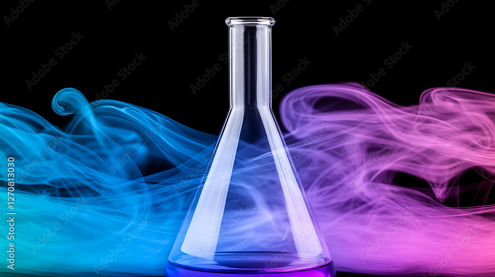 Poster scientific erlenmeyer flask with colorful smoke emanating in laboratory experimentation context