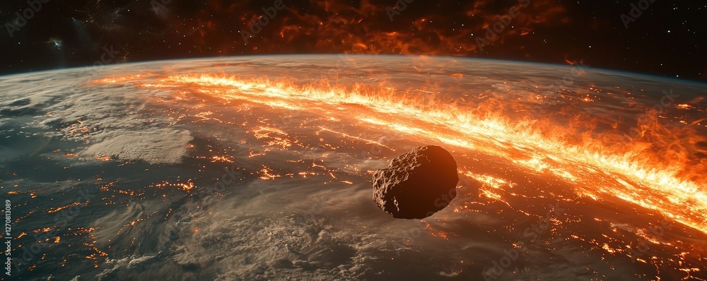 Poster asteroid impact idea. a striking view of earth with an asteroid approaching and fiery atmosphere.