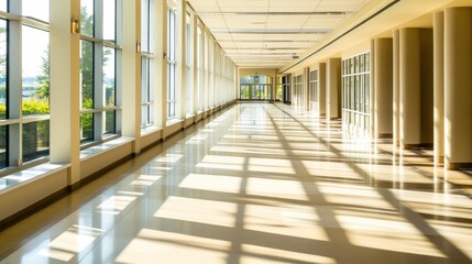Obraz premium Sunny corridor, building interior, walkway, sunlight, glass windows, modern architecture, office space, stock photo